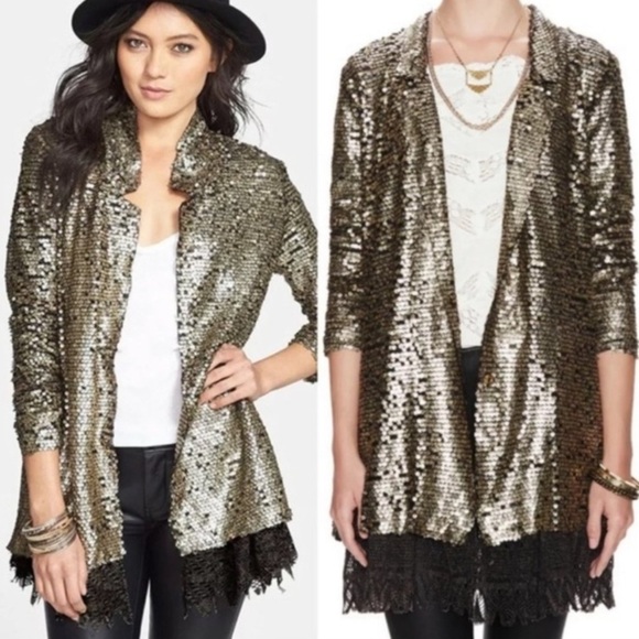 Free People Tarnished Sequin Stardust Jacket in Gold, Size Small